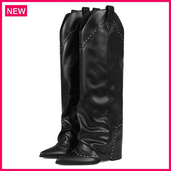 Shoes - Knee High Studded Fold Over Boots 3.7 Inch Heel Vegan Leather Pull On